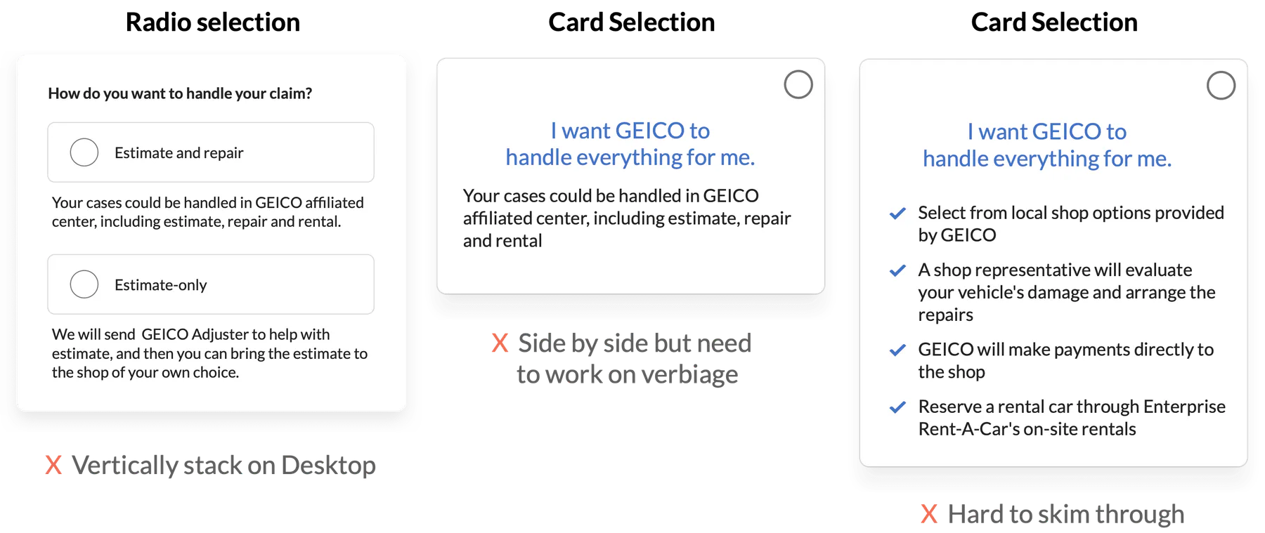 Content and interaction iterations for claim service selection cards