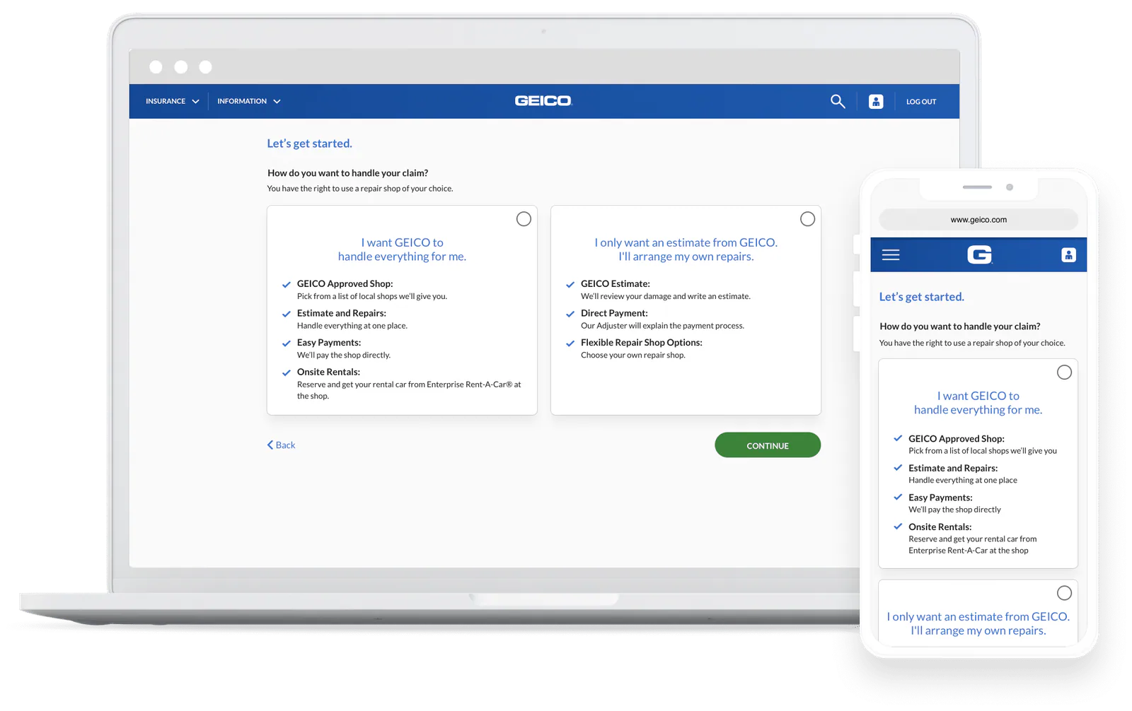 GEICO claim scheduling experience shown across desktop and mobile screens