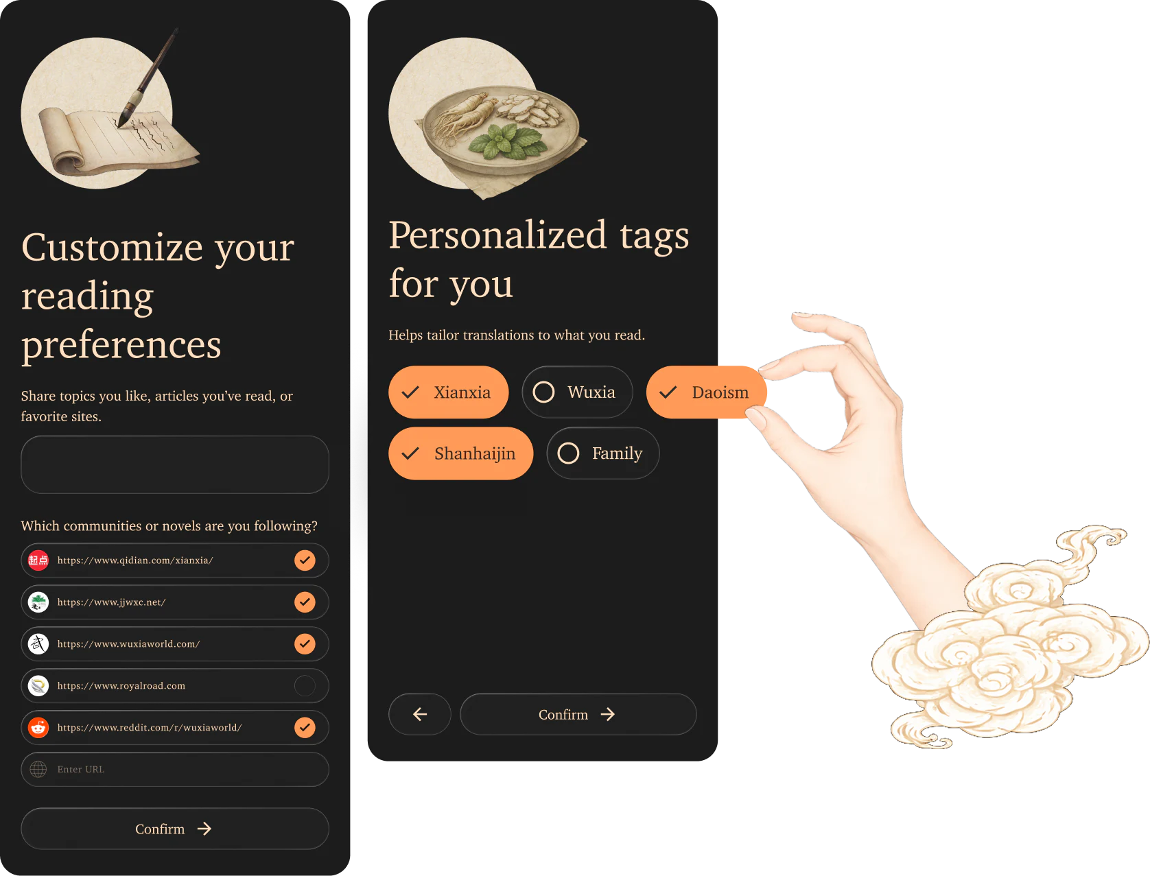 Inkling onboarding screens for choosing reading preferences and literary genres