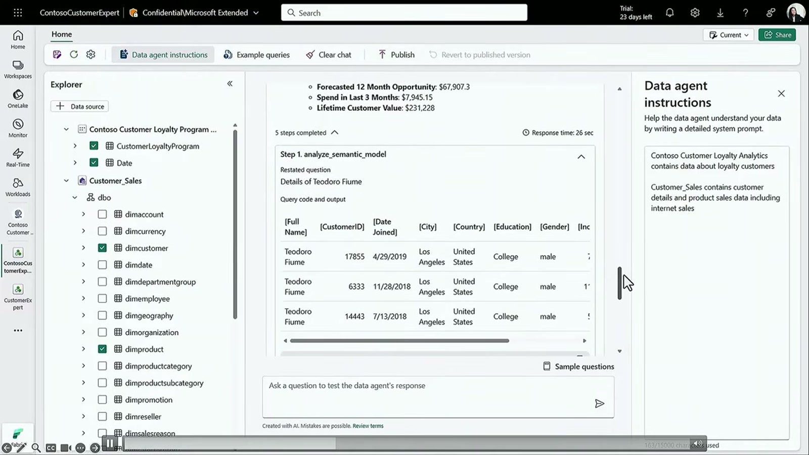 Microsoft Fabric Data Agent showing a conversation with reasoning steps, data table results, and the Explorer panel